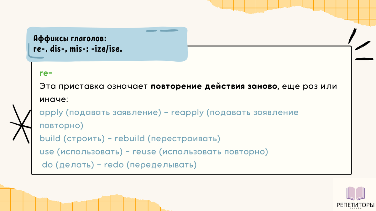 Применение аффиксов и суффиксов разных частей речи