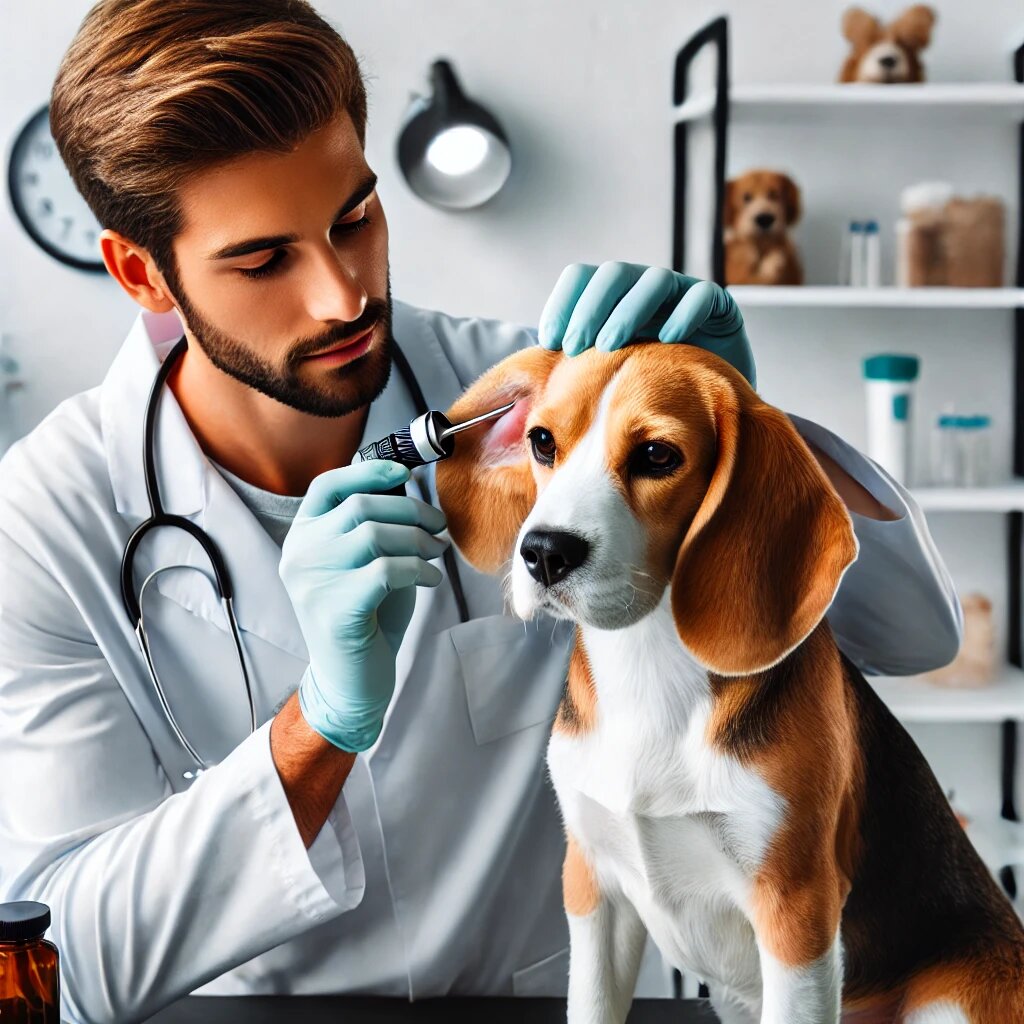 Ветеринар аккуратно осматривает ухо собаки в чистой и хорошо освещённой клинике.