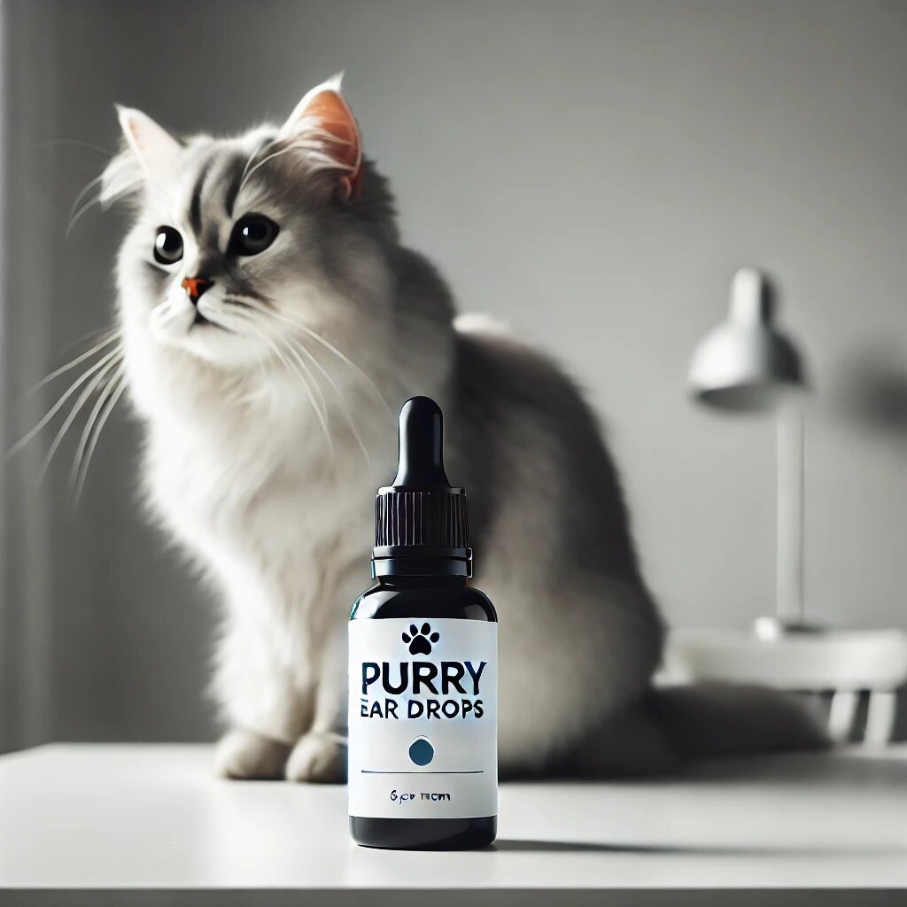 Флакон ушных капель PURRY на белом столе рядом с ухоженной кошкой в мягко освещённой комнате.