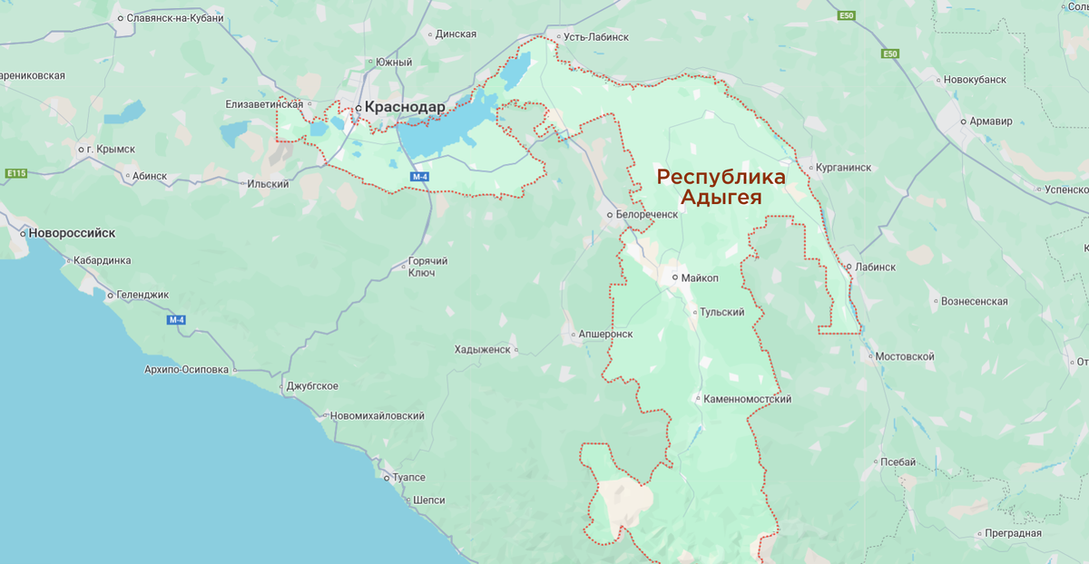 Республика Адыгея на карте. Источник: Google Maps