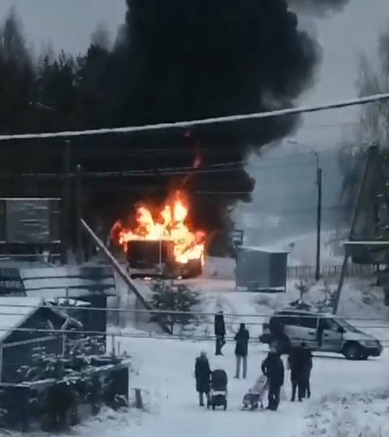    Семеро пассажиров успели выбежать из загоревшегося автобуса в Карелиискрин видео ТГ-канал "Полиция Карелии"