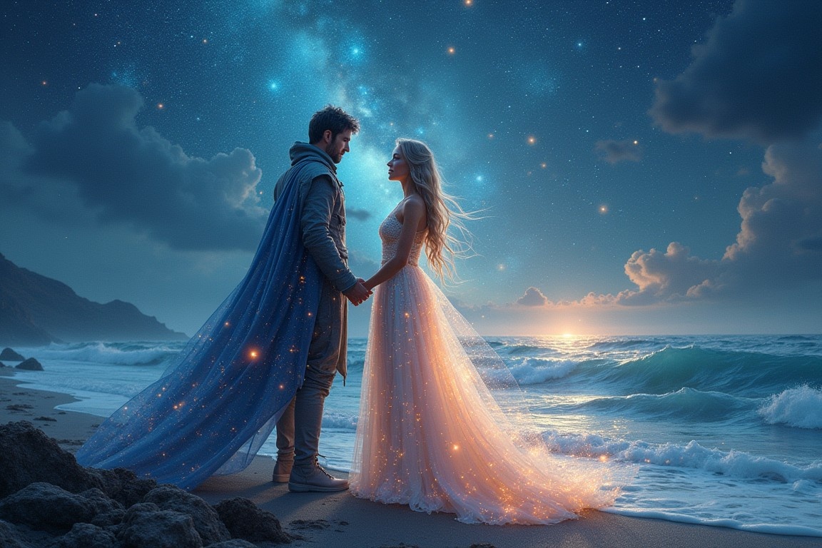 На берегу звёздного океана, где небо горит галактиками, Мирабелла и её Секретный Странник стоят лицом друг к другу, их руки почти касаются, а их страсть и магия переплетаются с волнами и светом звёзд. Их фигуры окружены мерцающим сиянием, словно сама вселенная благословляет их вечную любовь.