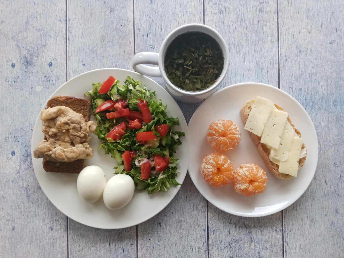 Завтрак. Яйца, салат, хлеб, куриное бедро, чиабата с маслом и сыром, мандарины и зелёный чай. 