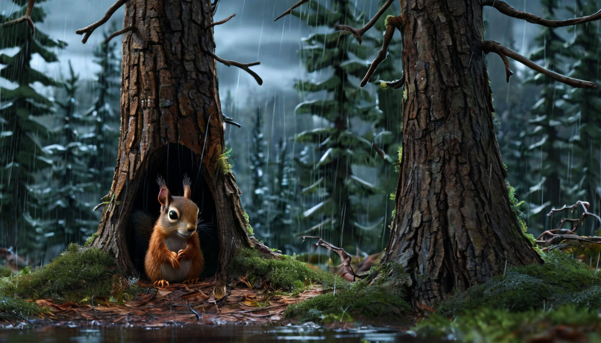 Белочка Ляля прячется от сильного шторма