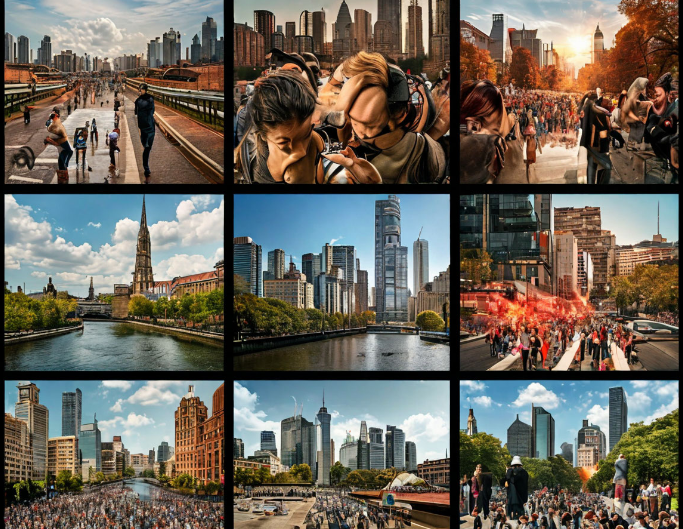 Блок из 6 фотографий под новостную статью. Сгенерировано ИИ. Фотографии должны быть качественные.