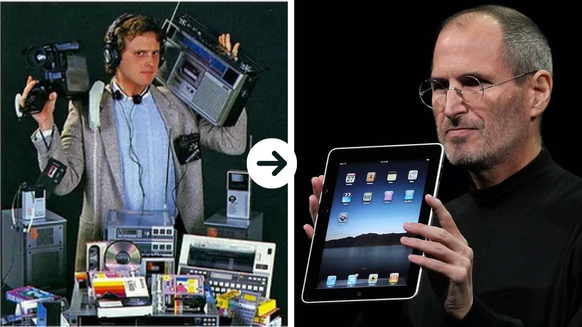 Стив Джобс с одним из знаковых революционных продуктов Apple