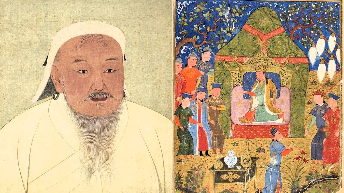 Репродукция портрета 1278 года из альбома эпохи Юань. Сцена как Тэмуджин был провозглашён Чингисханом, эпизод из рукописи "Джами ат-таварих" XV века.