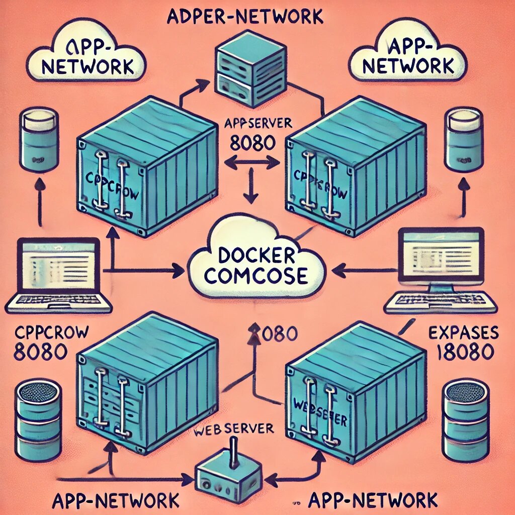 Картинка сгенерирована нейросетью. Примерная схема работы данной сборки docker-compose