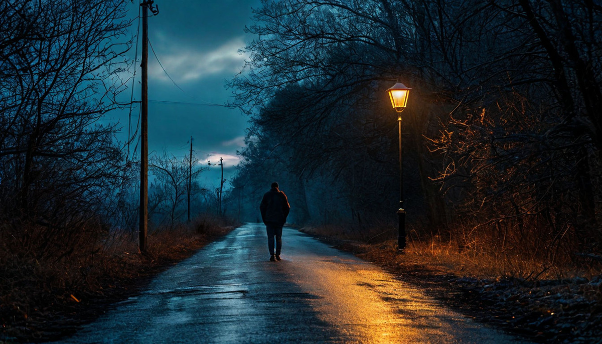 Одинокий человек на тёмной дороге, освещённой тусклым уличным фонарём. Символизирует страх перед неизвестностью.