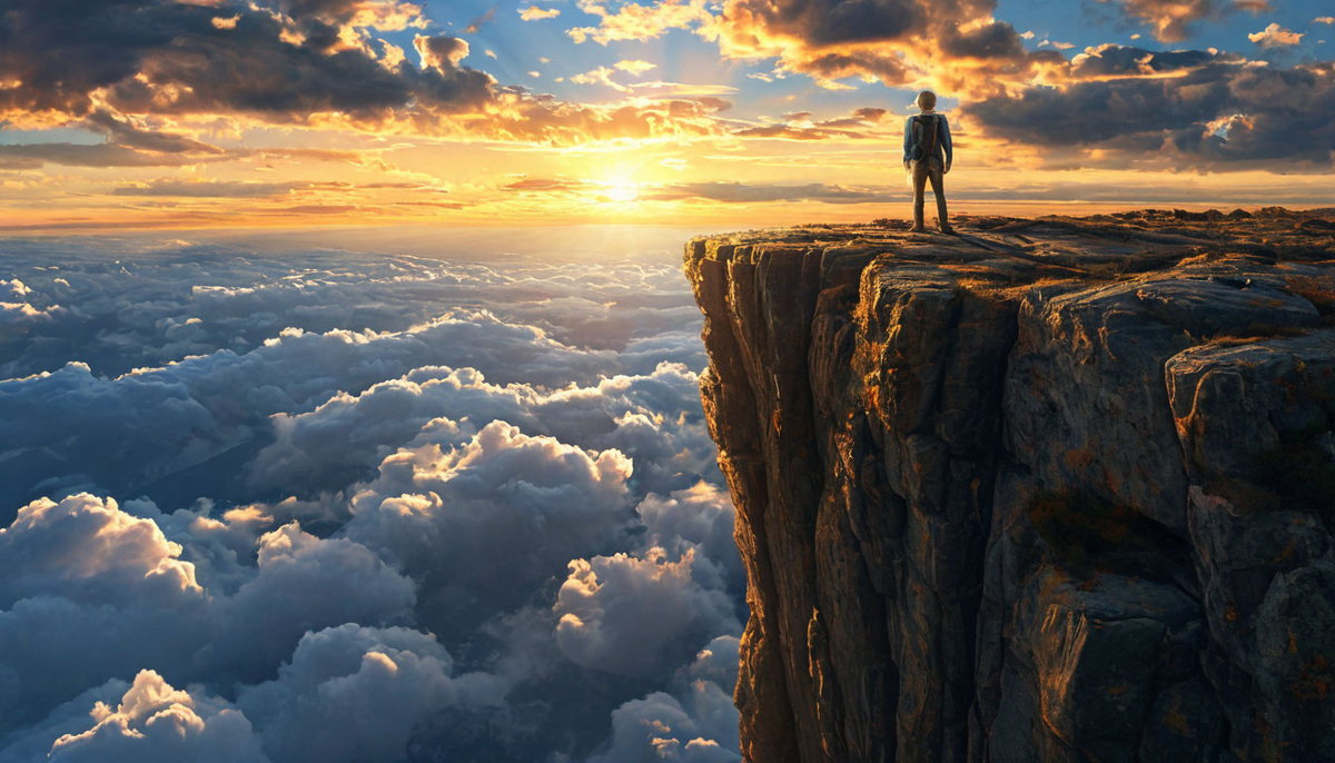 Человек стоит на краю высокого обрыва, смотрит вниз, но за горизонтом виднеется солнечный свет. Это визуализирует конфликт между мечтой и страхом.