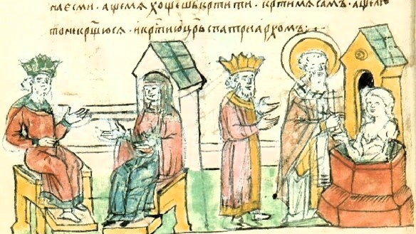Крещение княгини Ольги. Миниатюра из Радзивилловской летописи, XV век
