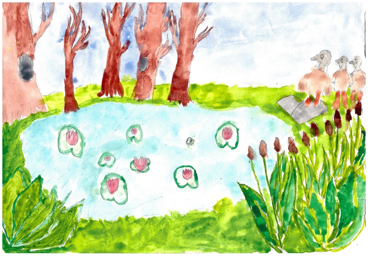 Акварель Маринетт Мортем "Утренний покой у пруда"