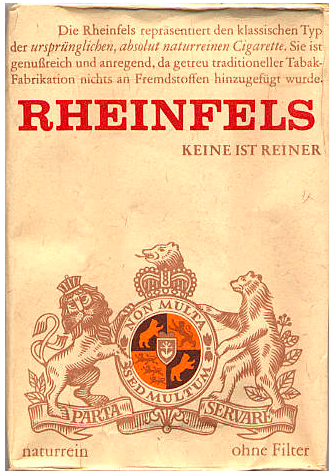 "Rheinfels". Германия, 1968 год. 20 штук в мягкой упаковке и в целлофане. Цена (была) 1,80 немецких марок. Производитель: Аренсбург-Cigarettengesellschaft. Владелец торговой марки: Аренсбург-Cigarettengesellschaft.