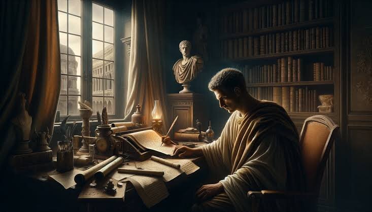 Аммиан Марцелин в интерпретации искусственного интеллекта. Самопишущее перо особенно удалось, и застеклённые окна. О книгах в переплётах деликатно промолчим. Но настроение передано верно.