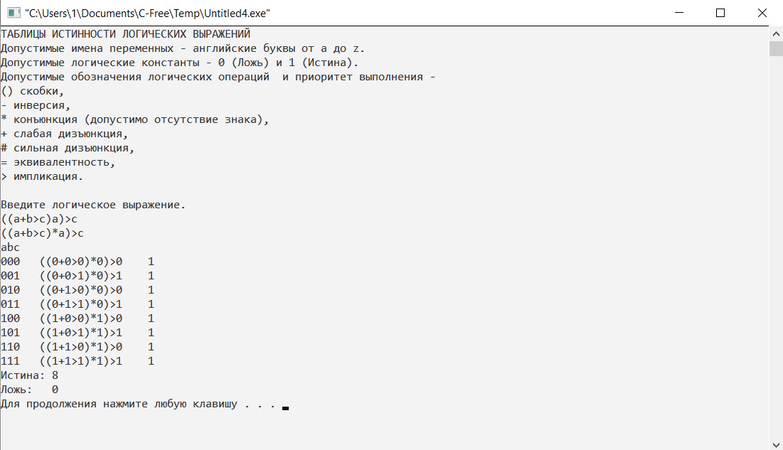 Вид работы консольного приложения для расчета таблиц истинности логических функций