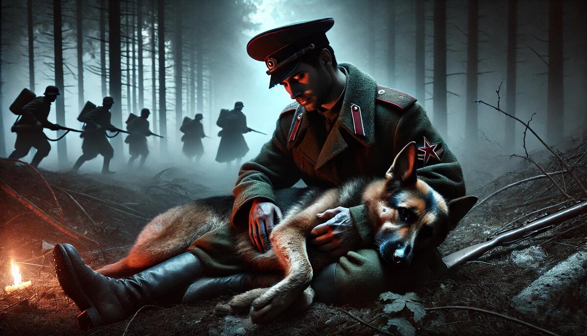 изображение, которое отражает драматичную связь пограничника и его собаки во время Второй мировой войны.