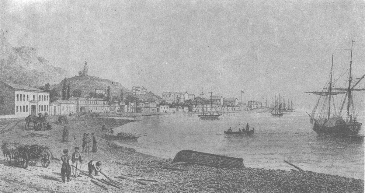 Ялта, разграбленная      англо-французами 22 и 23 сентября 1854 г. Рисунок Ф. Гросса, литография из      «Русского художественного листка» В. Ф. Тима
