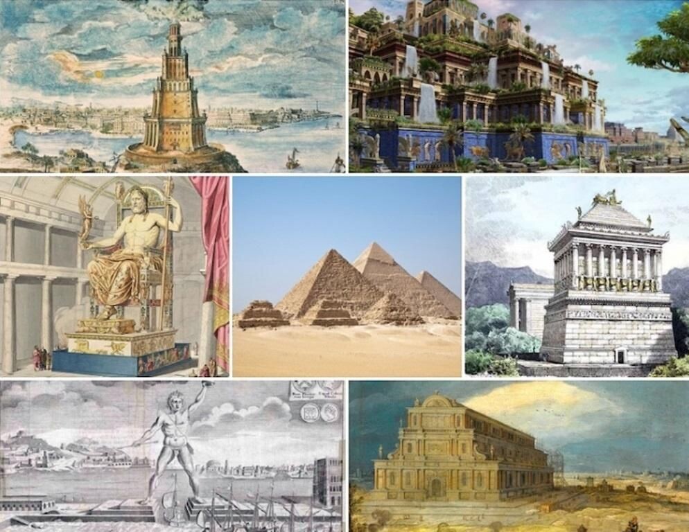 Слева направо: Александрийский маяк, Висячие сады Семирамиды, Статуя Зевса, Пирамида Хеопса, Храм Артемиды, Колосс Родосский, Мавзолей в Геликарнасе