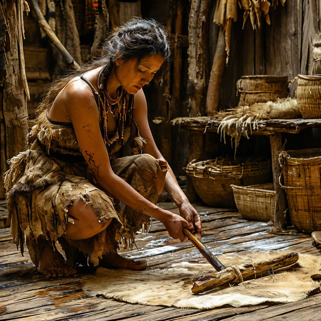Женщина в древние времена делает швабру из палки и шкуры животного (шутка, изображение сгенерировано в https://shedevrum.ai)