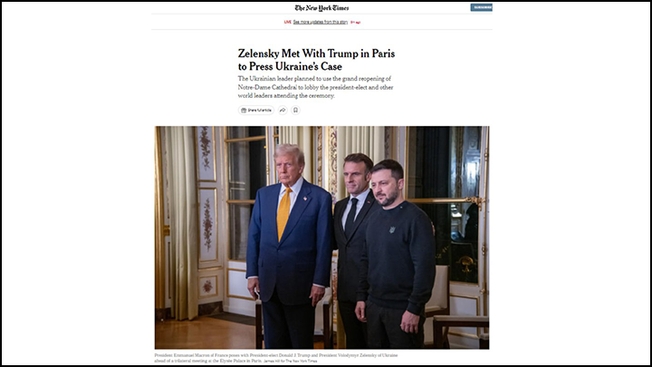    The New York Times. "Зеленский встретился с Трампом в Париже, чтобы продвинуть украинский вопрос"