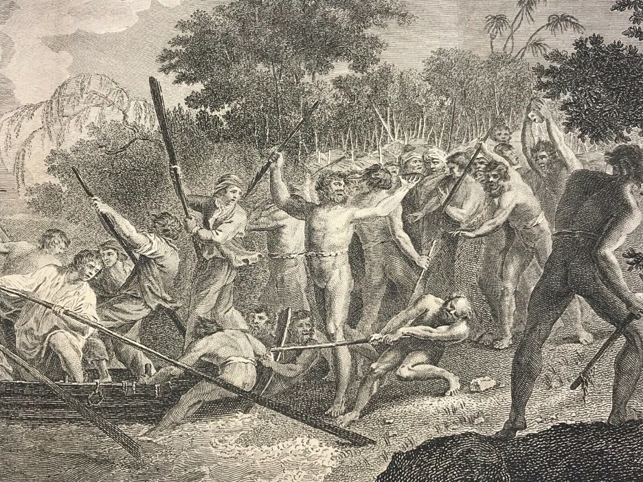 Высадка европейцев на острове Эроманга 1774 год, с рисунка Уильяма Ходжеса