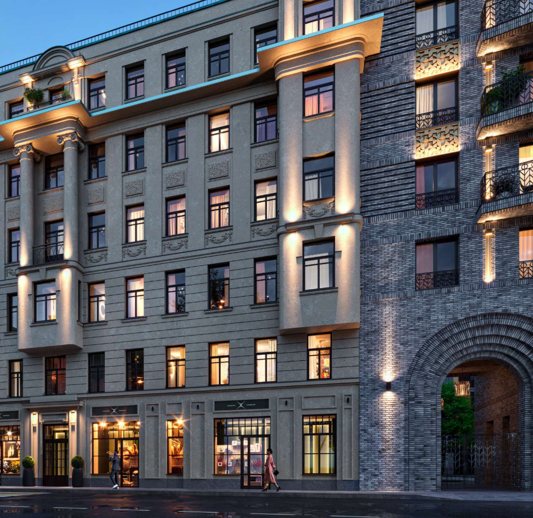 Рендер фасада нового дома в темное время суток с подсветкой 