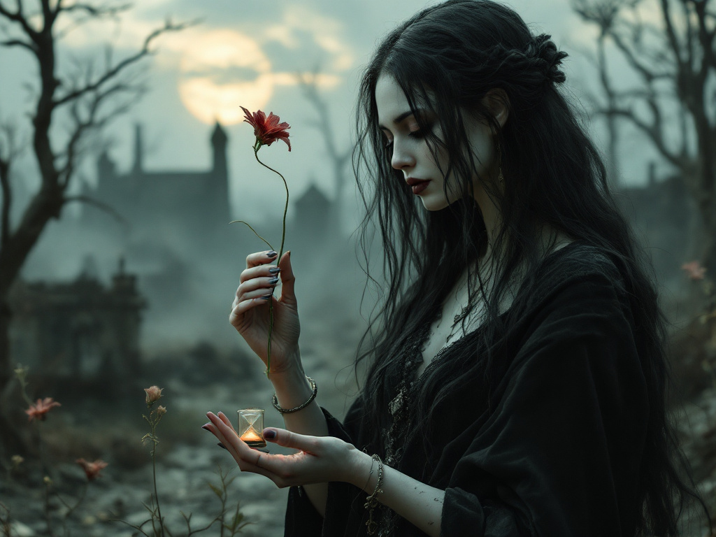 Фигура Смерти, изображенная не в традиционном виде скелета с косой, а как прекрасная, но печальная женщина в тёмном платье