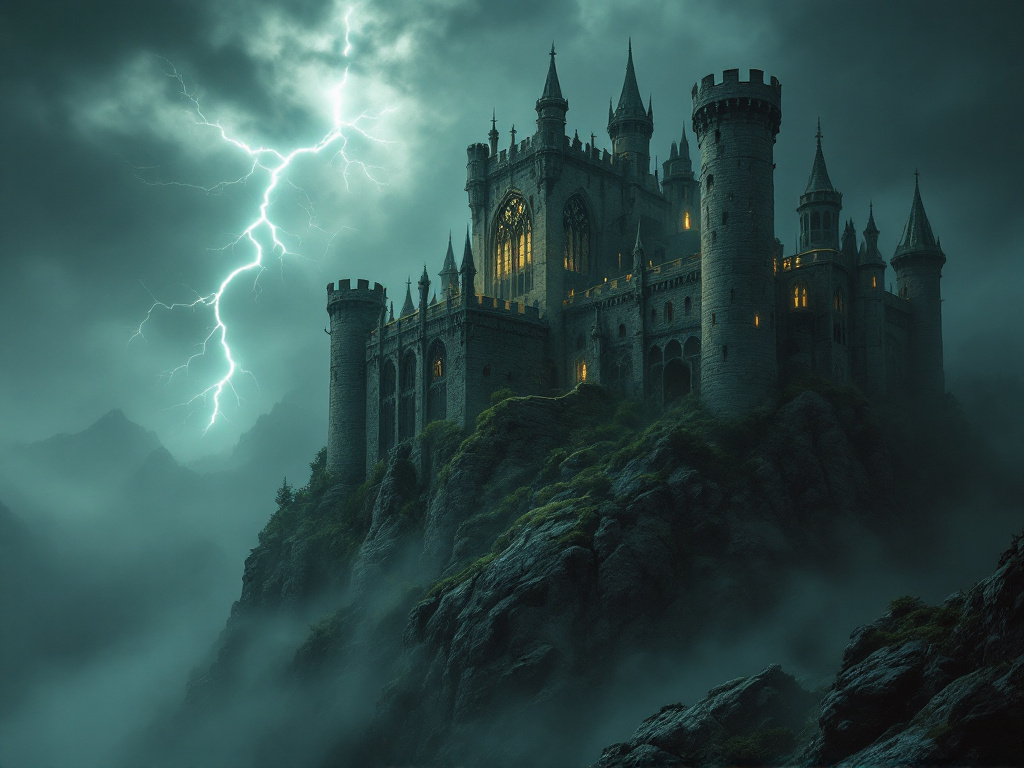 Мрачный готический замок на вершине скалы, окутанный туманом