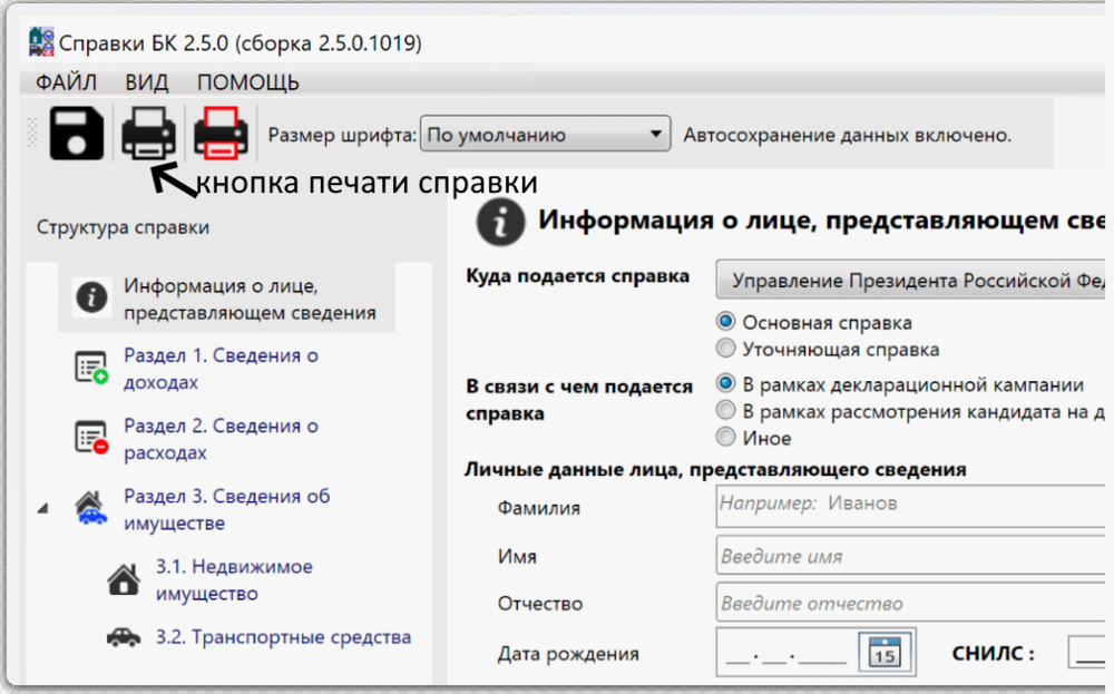 Окно программы "Справки БК". Хочем распечатать справку, а тут...