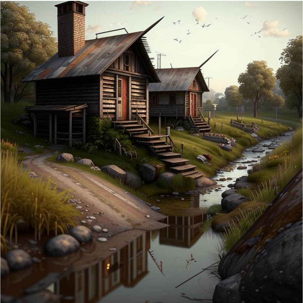 Изображение создано нейросетью Kandinsky , правообладатель ПАО Сбербанк© хутор 3 хатки, рядом осушительный канал ,таким хутор увидел ИИ 