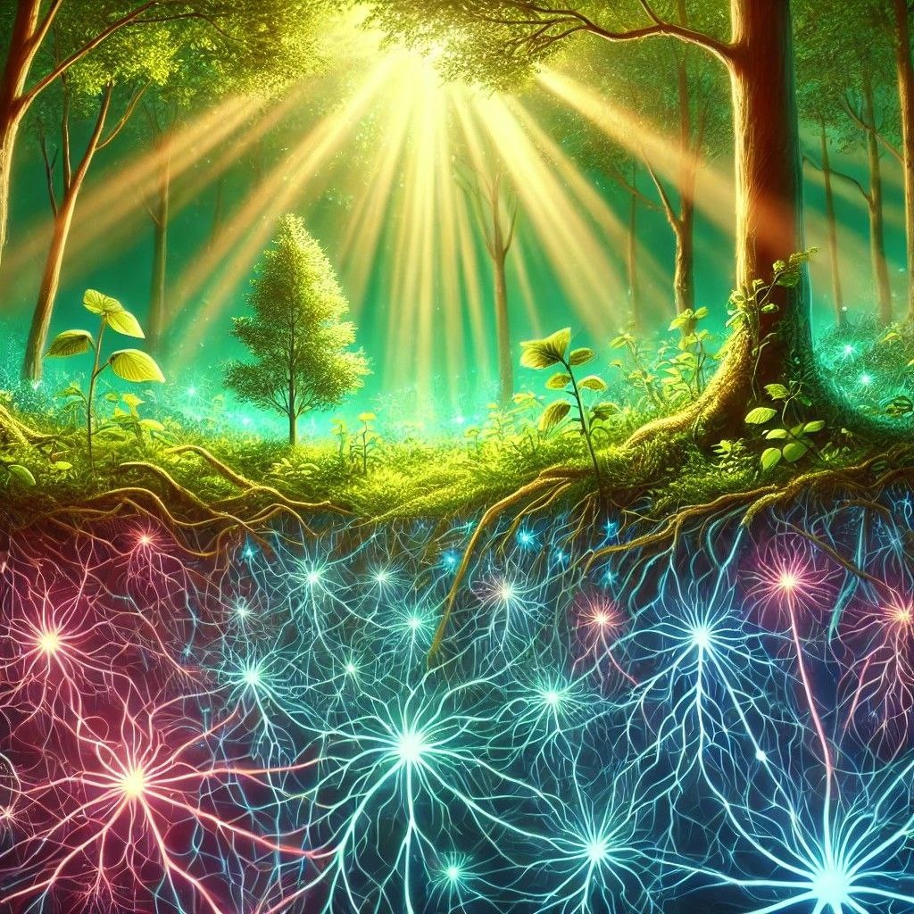 иллюстрирация сети микоризы под лесом.