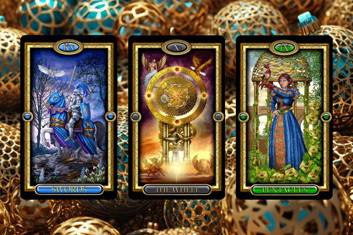 1. Рыцарь Мечей. 2. Колесо Фортуны. 3. 9 Пентаклей.