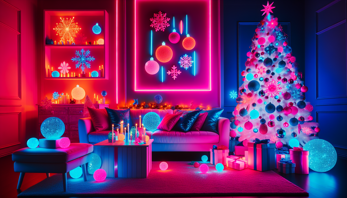Белая рождественская елка, украшенная светящимися игрушками в ярких цветах. Комната полна красочных украшений, включая неоновые огни и праздничные акценты, создавая игривую атмосферу праздника.