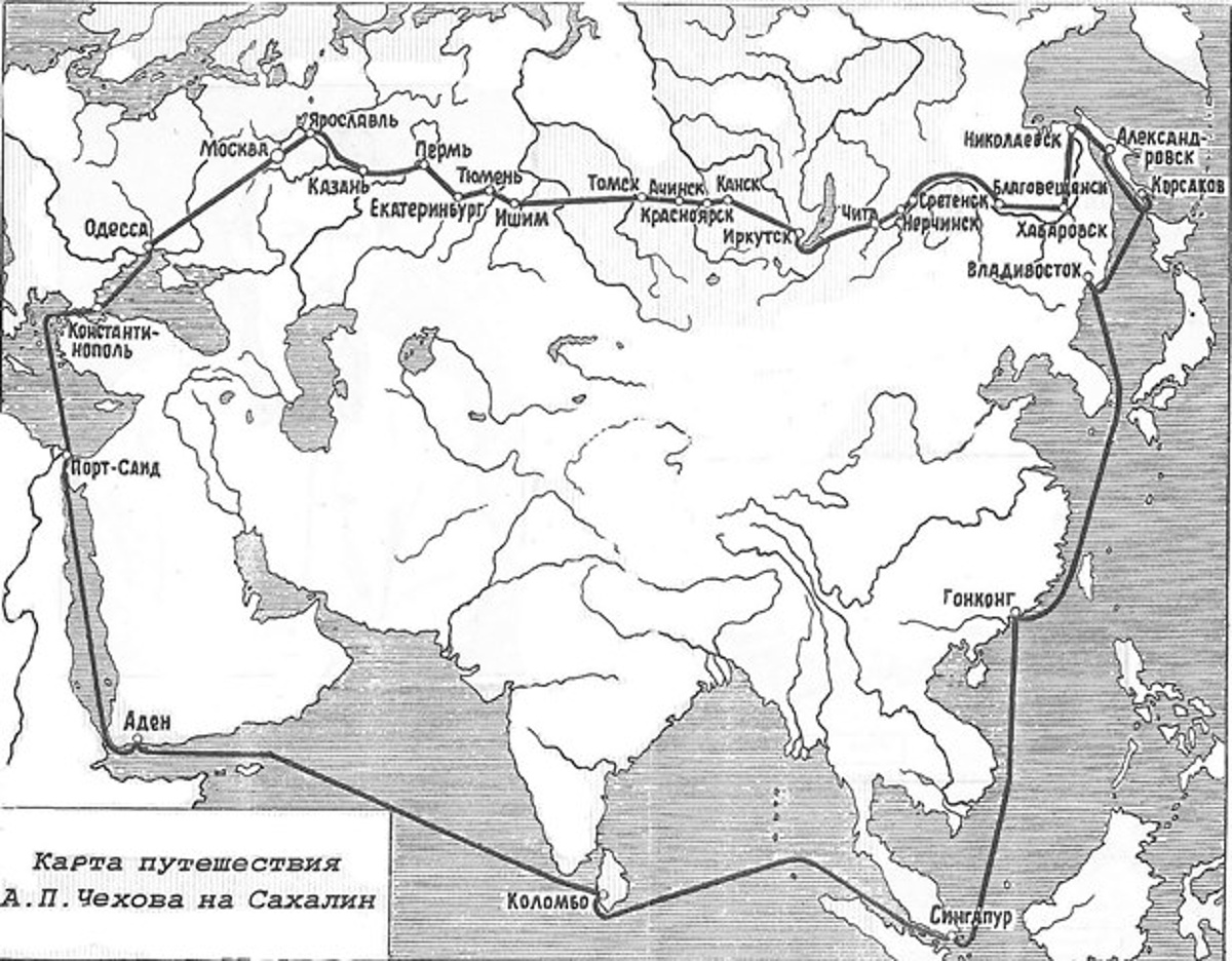 Карта маршрута Чехова из Москвы на Сахалин и с Сахалина в Москву