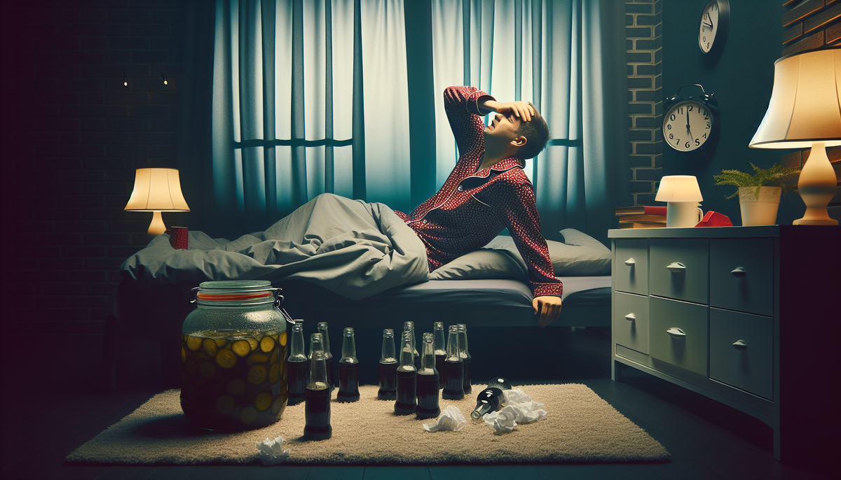 Человек в пижаме, с похмельем в спальной комнате. Комната слабо освещена, занавески зашторены, на столе — пустые пивные бутылки и банка с огуречным рассолом.