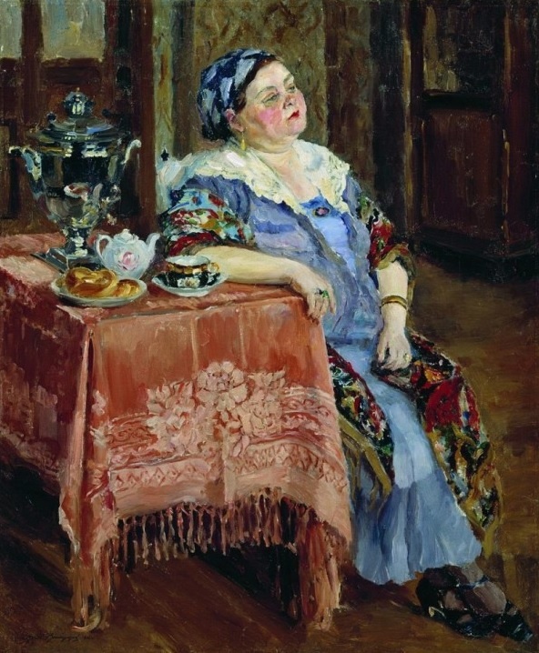 Купчиха за самоваром, холст, масло. ИСточник: фото из Интернета