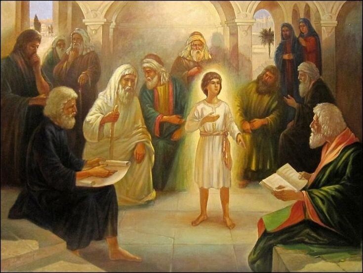 Примерно так, надо полагать, выглядел экзкзамен 12-летнего отрока Иисуса в храме. Источник:  https://ru.pinterest.com/pin/26529085298311199/