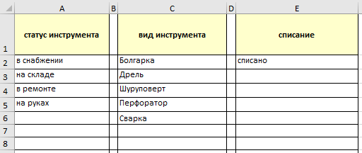 Учет инструмента - лист "Справочник"