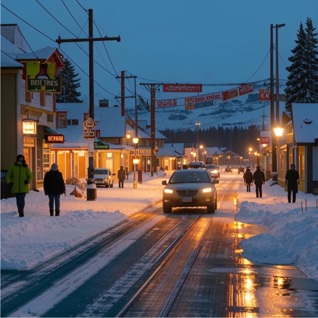 Коппер, Аляска. Город, заключивший сделку с хладнокровками. в нем течет обычная жизнь. Создано нейросетью Кандинский.  