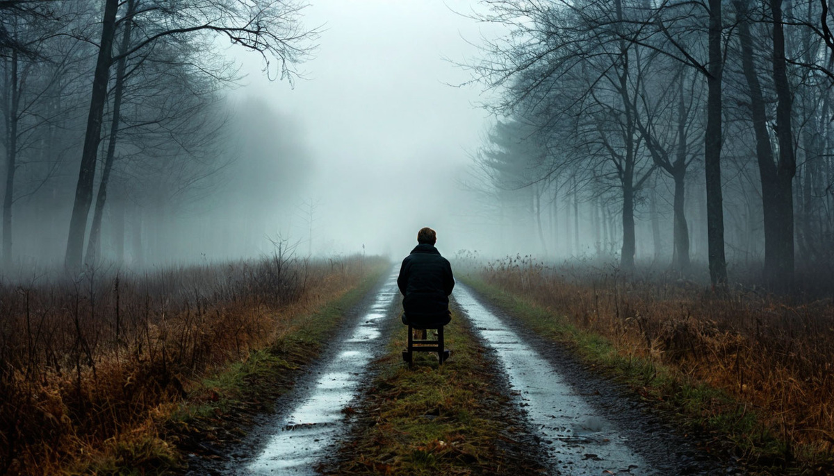 Силуэт человека, сидящего на пустом стуле посреди большого поля. Это показывает чувство одиночества и беспомощности.