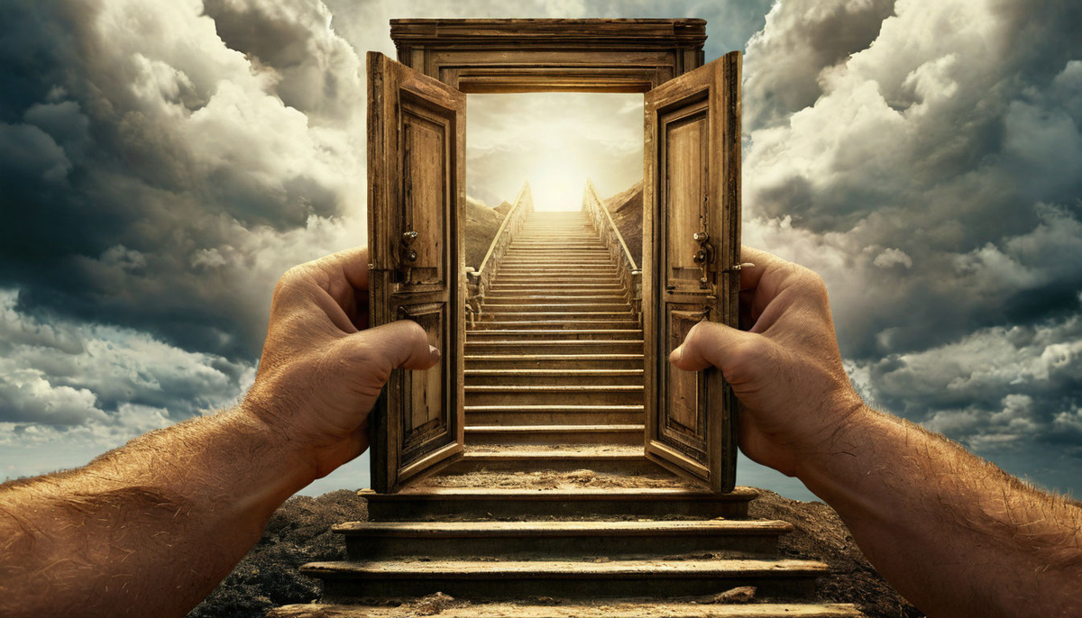 Лестница, уходящая в небо, но первые ступени покрыты пылью. Это символизирует нерешительность перед началом пути.