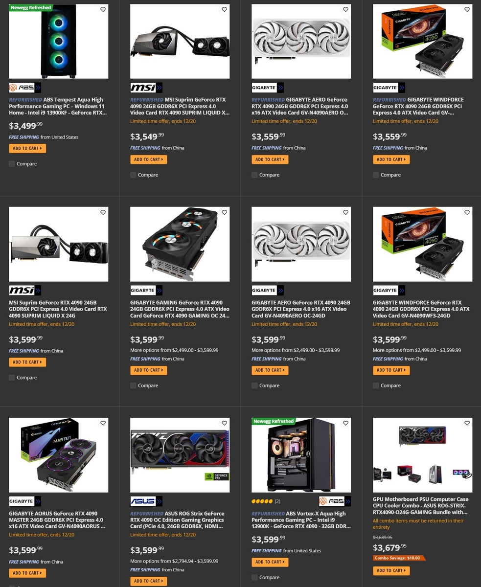 Видеокарты RTX 4090 на сайте ритейлера Newegg