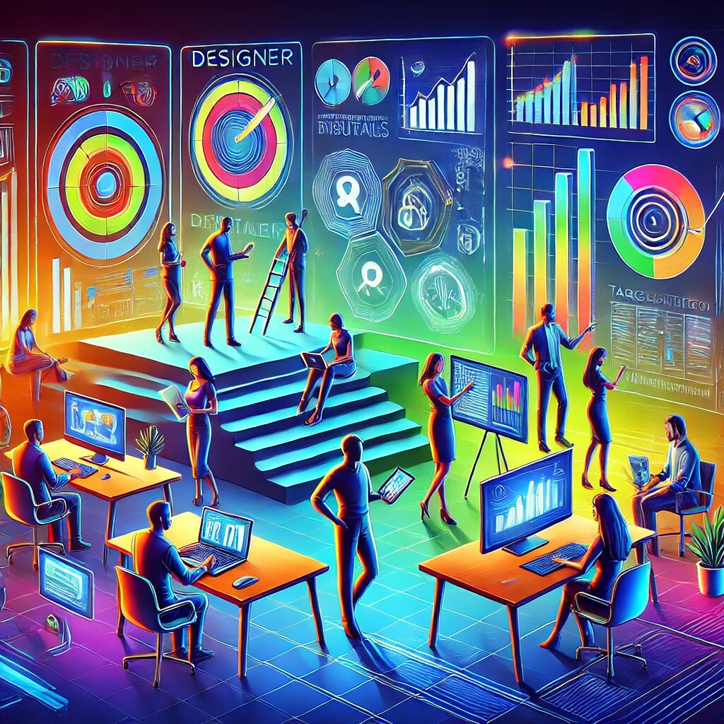 Структуры отдела маркетинга: дизайнер создает визуалы, маркетолог разрабатывает стратегии, копирайтер работает над текстами, аналитик анализирует метрики, а таргетолог управляет рекламными кампаниями