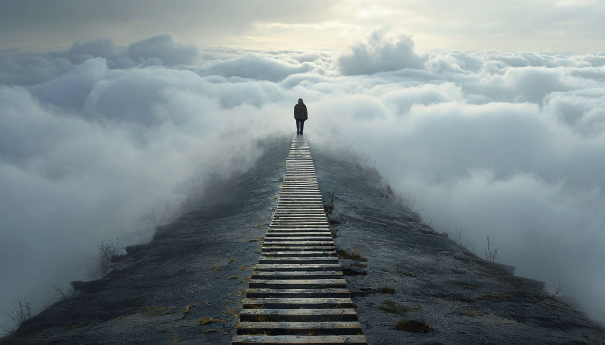 Человек стоит на пересечении нескольких дорог в тумане. Это символизирует момент сомнений и выбора.
Лестница, уходящая вверх в облака, но первые ступени выглядят сломанными. Образ пути, который кажется сложным и рискованным.
