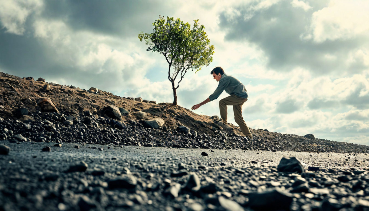 Человек пытается подняться по крутому склону, хватаясь за камни. Это визуализирует упорство и преодоление препятствий.