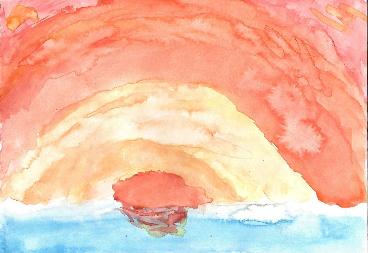 Акварель Маринетт Мортем «Персиковый закат над рекой»