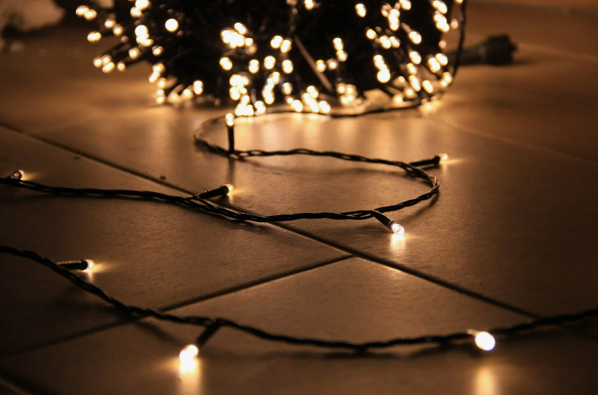 Нить с лампочками - классический вариант для украшения деревьев и кустов
