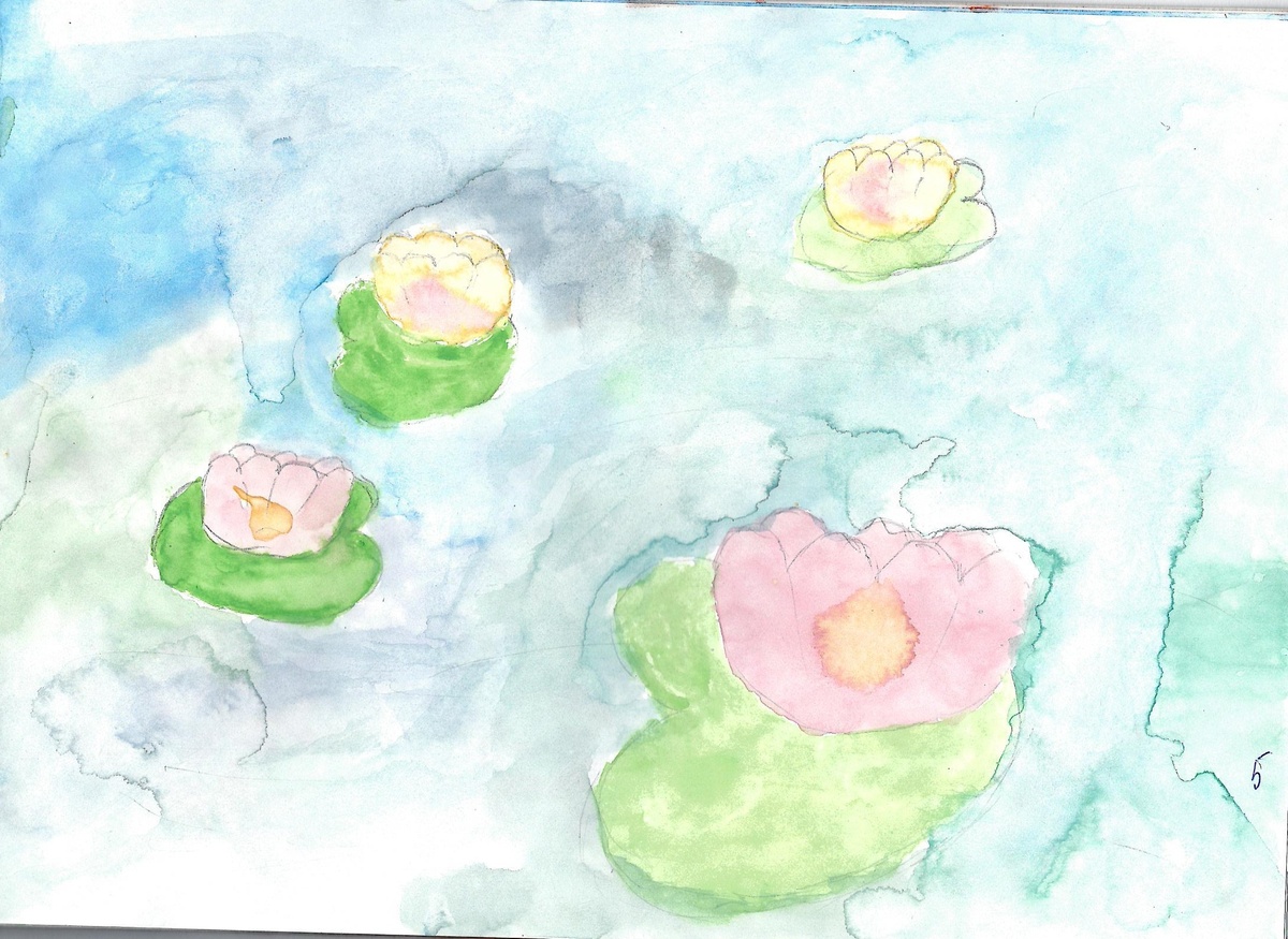 Акварель Маринетт Мортем «Розовые кувшинки на голубой воде»