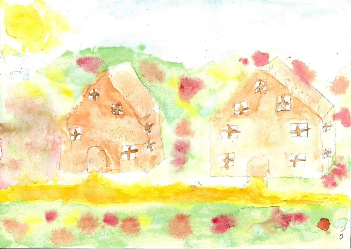 Акварель Маринетт Мортем «Домики у песчаной дорожки»