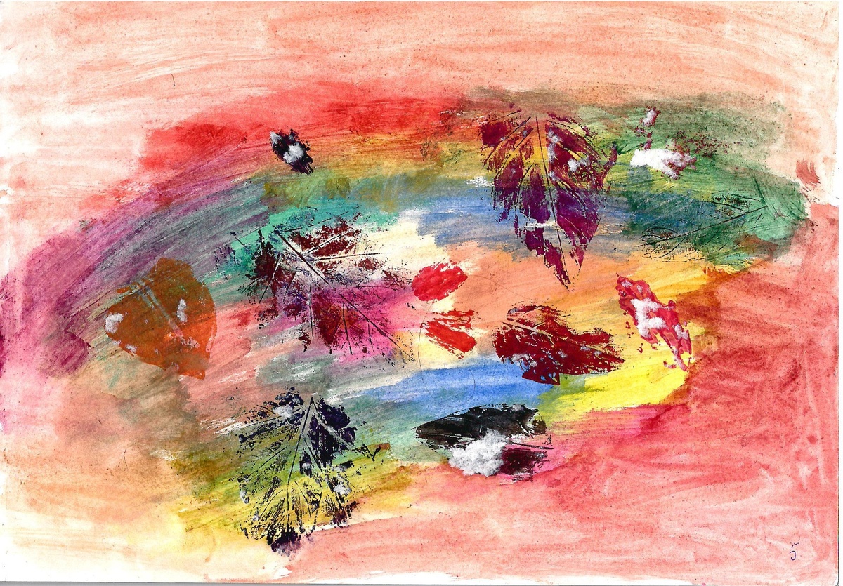 Акварель с отпечатками листьев Маринетт Мортем «Осенний калейдоскоп»